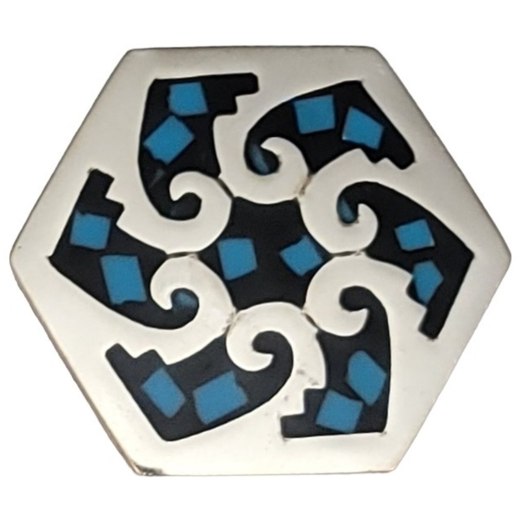 Sterling Silver Turquoise Black Blue Enamel Inlay Hexagon Brooch Pendant 38$